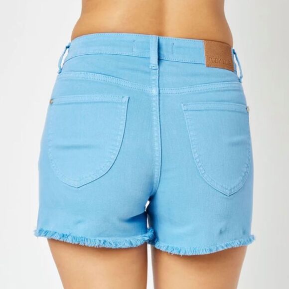 Judy Blue Garment Dyed Sky Blue Fray Denim Shorts Shield Pockets - Picture 11 of 11